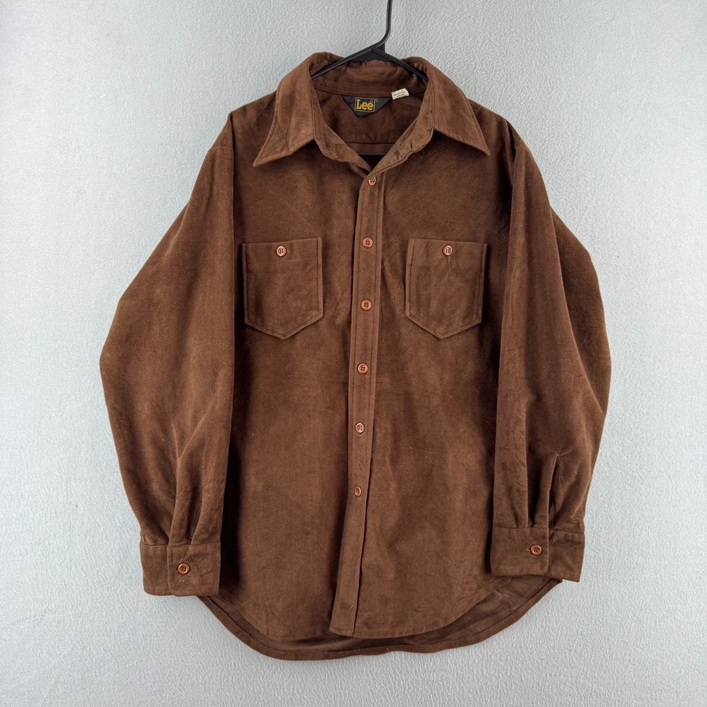 Vintage 70s Lee Shirt Mens Large Brown Velvet Western Button Up Long Sleeve - Picture 1 of 16